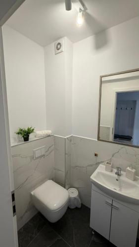 a white bathroom with a toilet and a sink at Apartament Luna in Şelimbăr