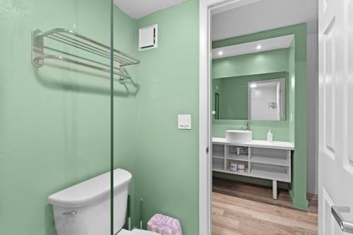 a bathroom with a toilet and a sink and a mirror at Disney Studio 2 Queens & Shuttle in Kissimmee