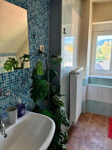 a bathroom with a white tub and a plant at Hotel Chata ve Volarech Šumava in Volary