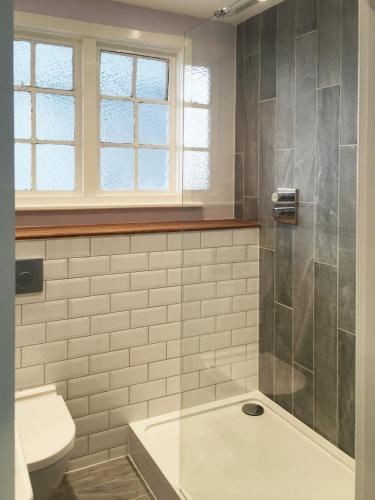 a bathroom with a toilet and a shower at Pier Court Apartments Brighton in Brighton & Hove