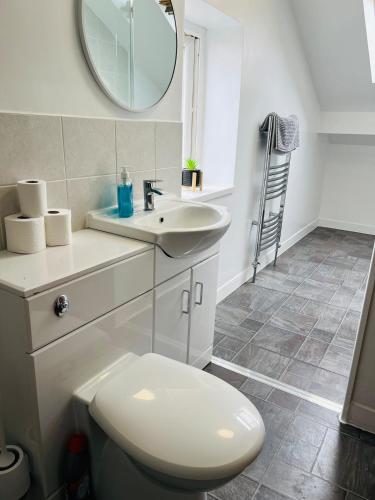 a bathroom with a toilet and a sink and a mirror at Scarisbrick Apartment Sleeps 6 in Scarisbrick