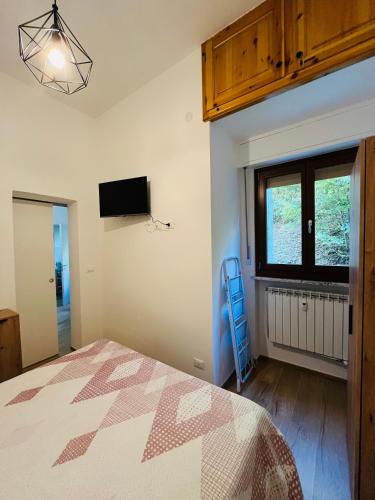 a bedroom with a bed and a tv and a window at Alpine Cozy Studio Limone Piemonte in Limone Piemonte