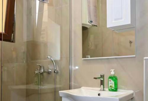 a bathroom with a shower and a sink and a mirror at Portobello in Tivat
