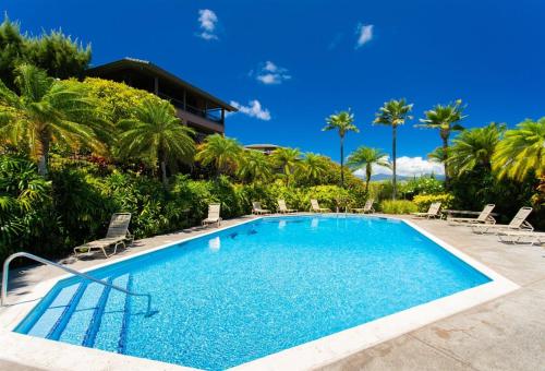 a swimming pool with chairs and palm trees at 411 Ridge in Kahana