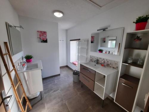 a bathroom with a sink and a mirror at Le Cottage de Paul et Angéline in Boismé
