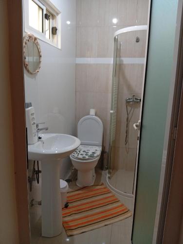 a bathroom with a sink and a toilet and a shower at Four Palms Guest House in Praia