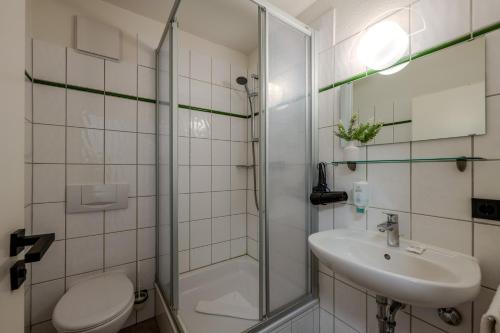 a bathroom with a shower and a sink and a toilet at Johouse Zingst Johouse Zimmer 05 in Zingst