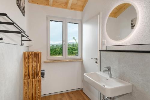 a bathroom with a sink and a window at Tiny Haus 2 - Feige in Kressbronn am Bodensee