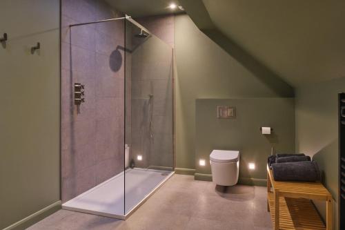 eine Duschkabine in einem Badezimmer mit Toilette in der Unterkunft Grain Loft in Trefeglwys