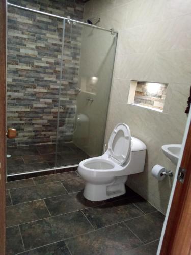 a bathroom with a toilet and a glass shower at Hotel Nayarith in Acacías