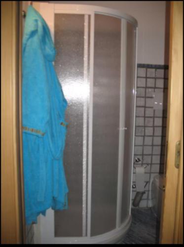 a bathroom with a shower with a blue towel on the door at A Ciciredda in Barrafranca