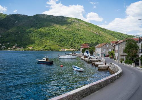 a river with boats in the water next to a mountain at Seafront Stone House Maxim in Tivat
