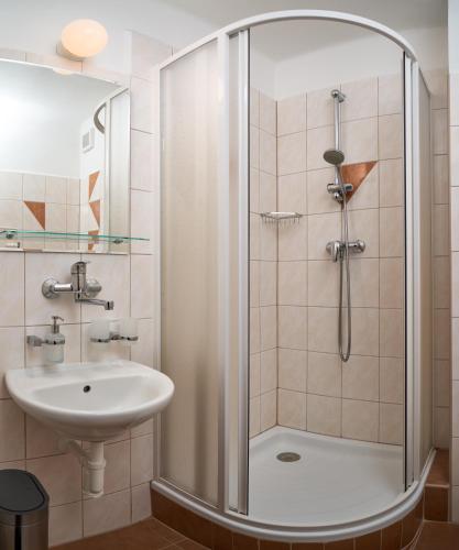 a bathroom with a shower and a sink at Hotel Popel in Stachy