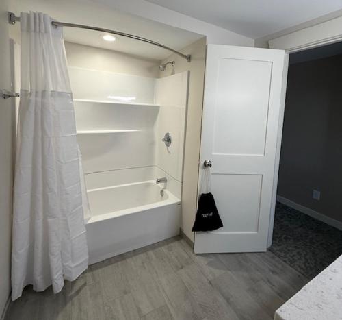 a bathroom with a shower and a bath tub with a door at Mushroom Cap Motel in Mesick
