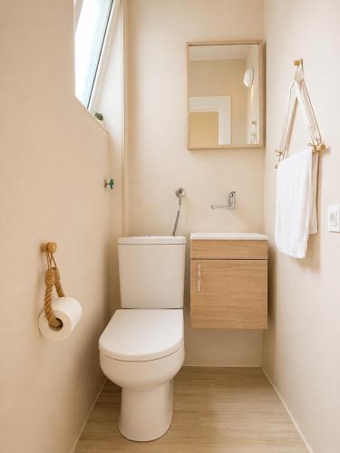 a bathroom with a toilet and a sink and a mirror at Casa Matthias in Kavadarci