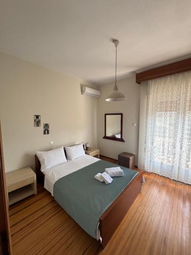 a bedroom with a large bed with a green blanket at Metani Residence in Skala Sotiros
