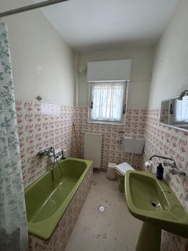 a bathroom with a green tub and a sink at Metani Residence in Skala Sotiros