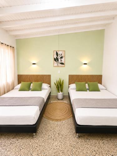 two beds in a room with green walls at Absolute Nova Hotel in Medellín