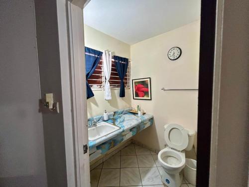 a bathroom with a toilet and a sink and a clock at Luxury Oasis Villa in Silver Sands