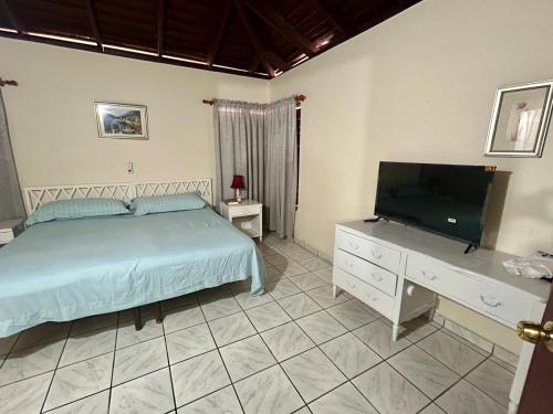 a bedroom with a bed and a flat screen tv at Luxury Oasis Villa in Silver Sands