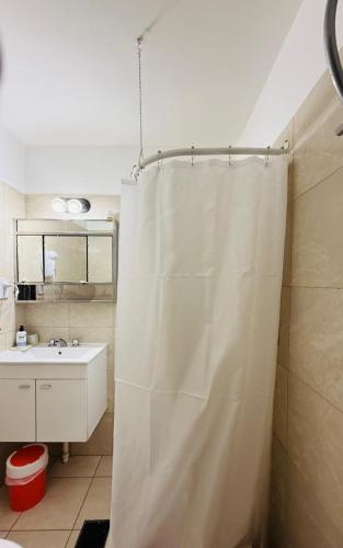 a bathroom with a shower curtain and a sink at depto "A" 1 dormitorio centro in Trelew