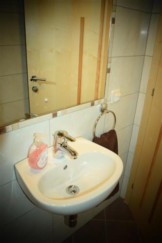 a bathroom sink with a soap dispenser and a mirror at Apart Dominika in Ried im Oberinntal