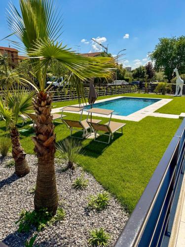 a palm tree sitting next to a swimming pool at Ariom Apartments in Moniga