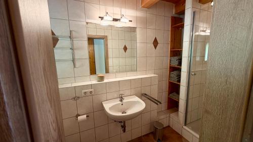 a bathroom with a sink and a mirror at Ferienwohnung Am Bromberg in Schlehdorf