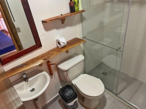 a bathroom with a toilet and a sink and a shower at Palmas de Cocora in Salento