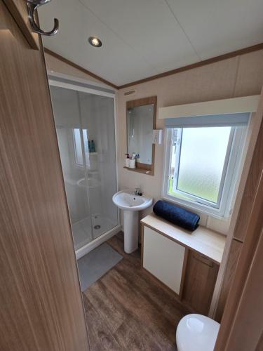 a small bathroom with a sink and a shower at The Cavern Retreat in Rhyl