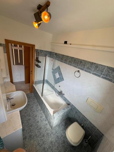 a bathroom with a shower and a toilet and a sink at Casa Serena - Sarnico in Sarnico