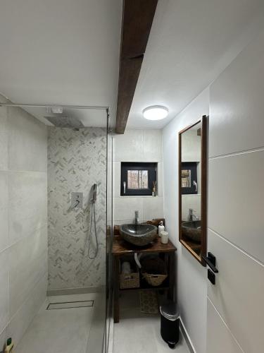 a bathroom with a sink and a mirror at Dealul Notarasului Retreat in Gara Piatra Craiului
