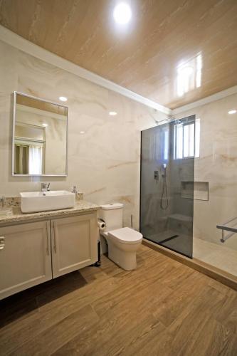 a bathroom with a shower and a toilet and a sink at 3BR Modern Villa w/ Private Pool & Fire Pit in Saint Philip