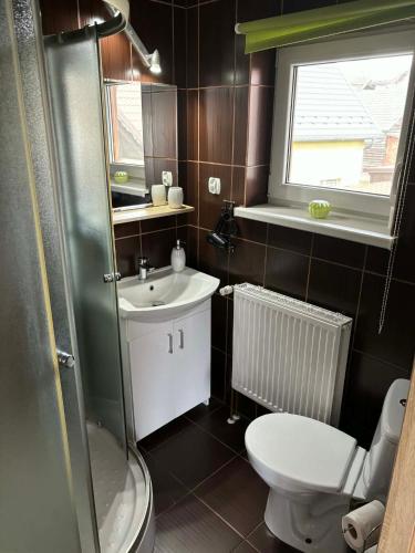 a bathroom with a sink and a toilet and a window at Pokoje U Anny i Łukasza in Swornegacie