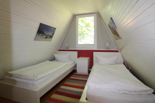 two beds in a small room with a window at Finnhütte Achtern in Wustrow