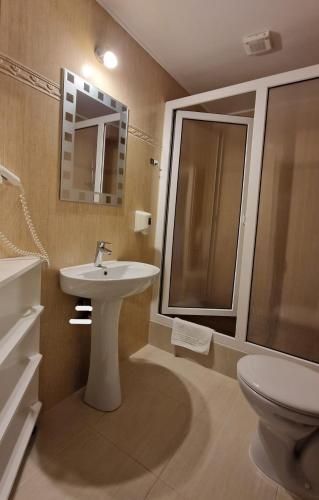 a bathroom with a sink and a toilet and a mirror at Casa Veronica in Baile Felix