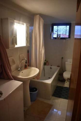a bathroom with a sink and a tub and a toilet at Real Apartment Αληθινή Διαμονή in Diakopto