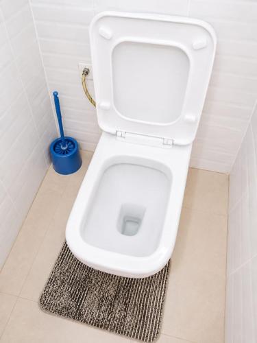 a white toilet in a bathroom with a broom at Joyland B&B in Mbita