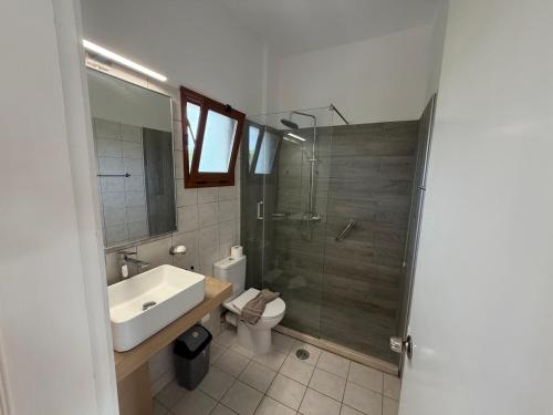 a bathroom with a toilet and a sink and a shower at Stemma Hotel in Sidari