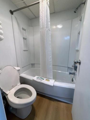 a white bathroom with a toilet and a shower at Beachcomber Motel in Ocean City