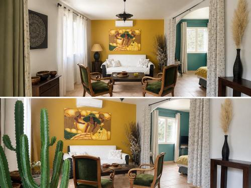 a living room with a painting of a cactus at Les Jardins d'Holi appartement proche Uzès in Garrigues-et-Sainte-Eulalie