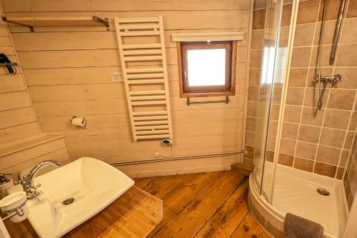 a bathroom with a sink and a shower at La Ferme Des Astres in Les Angles