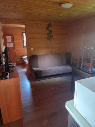 a living room with a couch in a cabin at Domki caloroczne Hotel Zagiel in Niewiesze