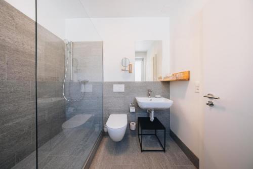 a bathroom with a toilet and a sink and a shower at Villa Beaulieu in St. Moritz