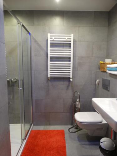 ジブヌベクにあるMati Apartmentsのバスルーム(シャワー、トイレ、シンク付)