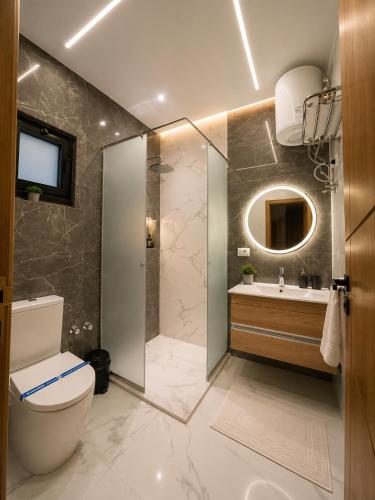 a bathroom with a shower and a toilet and a sink at Regal View Residences & Suites in Cairo