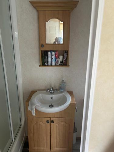 a bathroom with a sink and a mirror at Nickys happy place in Greencastle