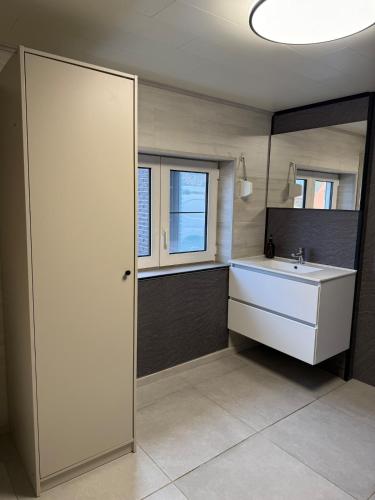 a bathroom with a white sink and a mirror at Petite maison village fruitier in Gingelom