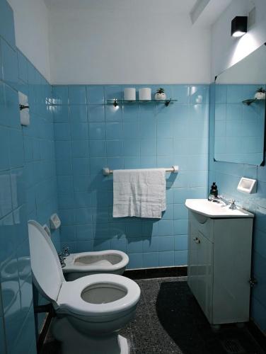 a blue bathroom with a toilet and a sink at alma in Buenos Aires