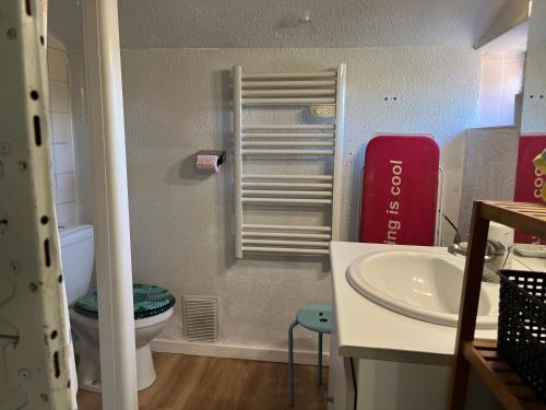 a small bathroom with a toilet and a sink at Chalet des oliviers 10mn CV Béziers dans propriété bien pour cyclistes in Béziers